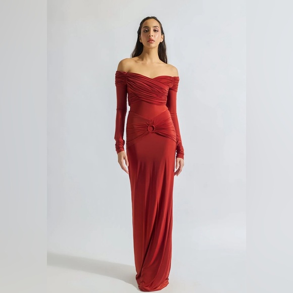 fitted lace wedding dress Deme by Gabriella Carla Maroon Draped Gown